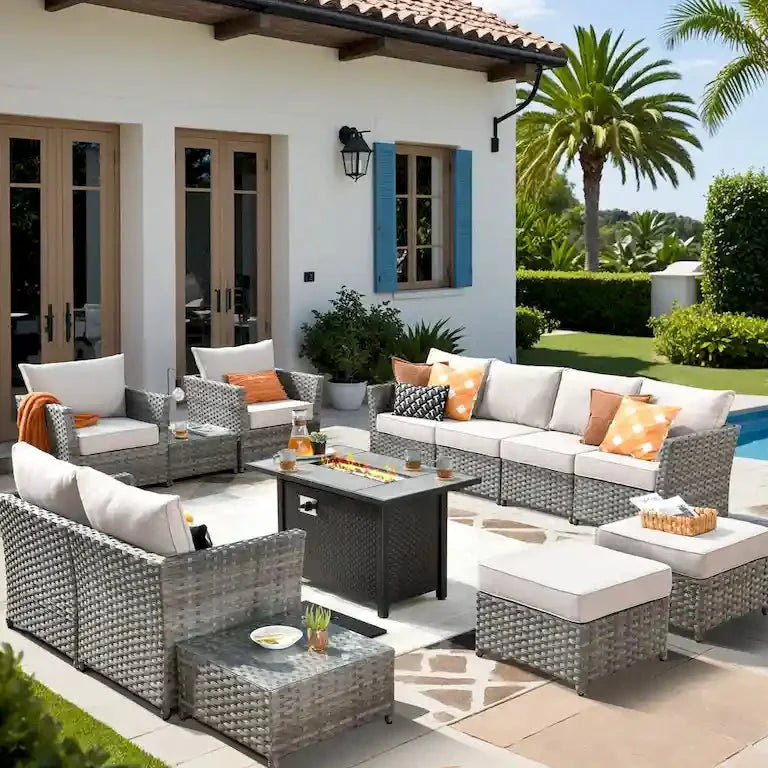 Salon de jardin 13 pièces en résine tressée avec table brasero Merrelo™