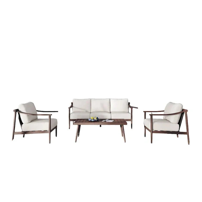 Salon de jardin 4 pièces — canapé, 2 fauteuils et table basse, coussins ivoire Merrelo™