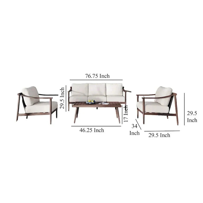 Salon de jardin 4 pièces — canapé, 2 fauteuils et table basse, coussins ivoire Merrelo™