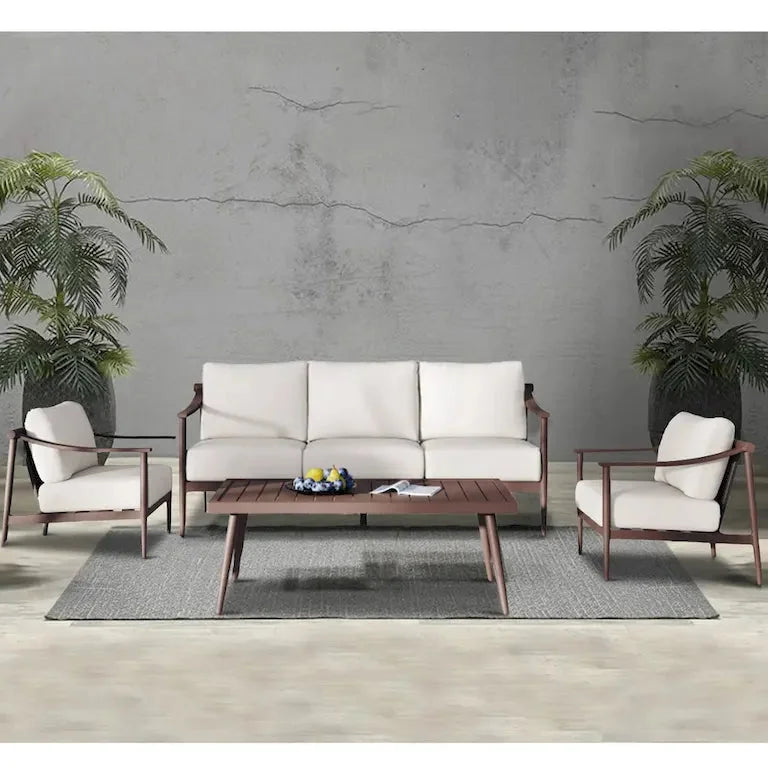Salon de jardin 4 pièces — canapé, 2 fauteuils et table basse, coussins ivoire Merrelo™