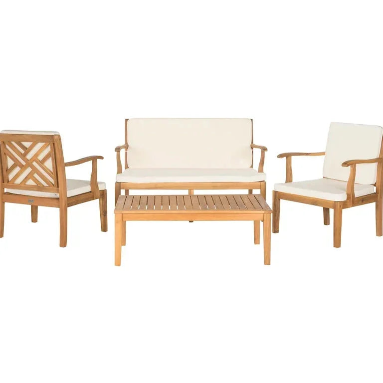Salon de jardin 4 pièces en acacia brun, coussins beige — 122 × 64 × 81 cm Merrelo™