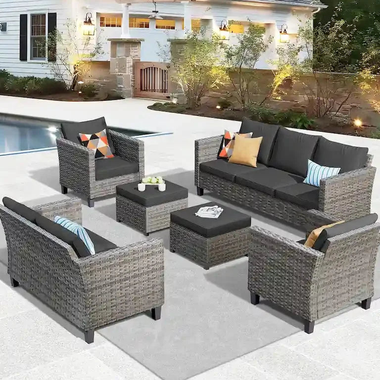 Salon de jardin 6 pièces en résine tressée avec causeuse Merrelo™