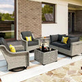 Salon de jardin 6 pièces en résine tressée — fauteuils pivotants et table basse solaire Merrelo™