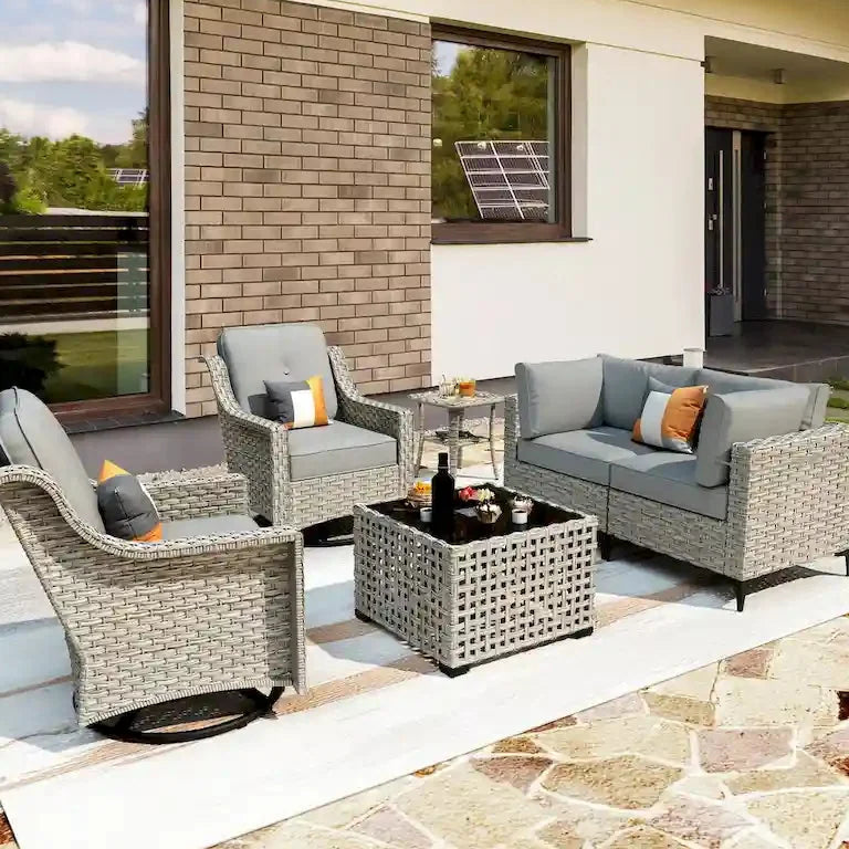Salon de jardin 6 pièces en résine tressée — fauteuils pivotants et table basse solaire Merrelo™