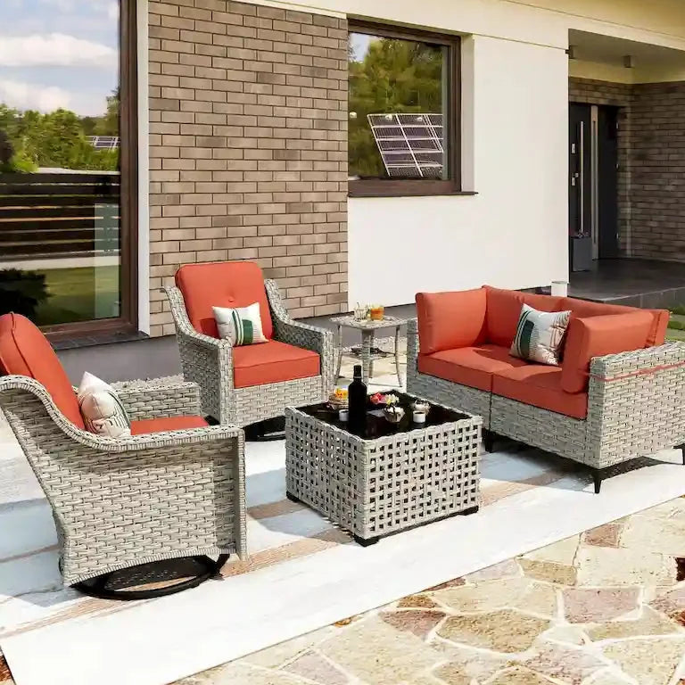Salon de jardin 6 pièces en résine tressée — fauteuils pivotants et table basse solaire Merrelo™