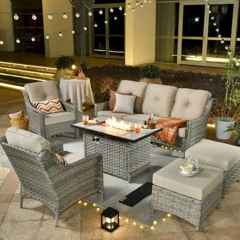 Salon de jardin 6 pièces en rotin, assise profonde, avec brasero Merrelo™