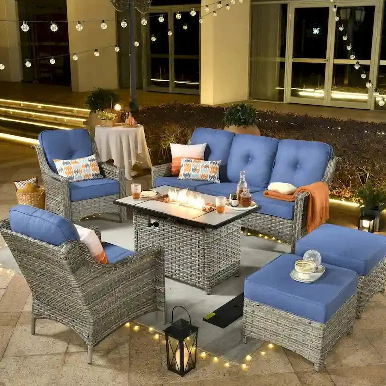 Salon de jardin 6 pièces en rotin, assise profonde, avec brasero Merrelo™