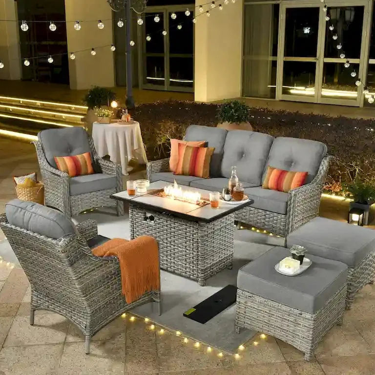 Salon de jardin 6 pièces en rotin, assise profonde, avec brasero Merrelo™