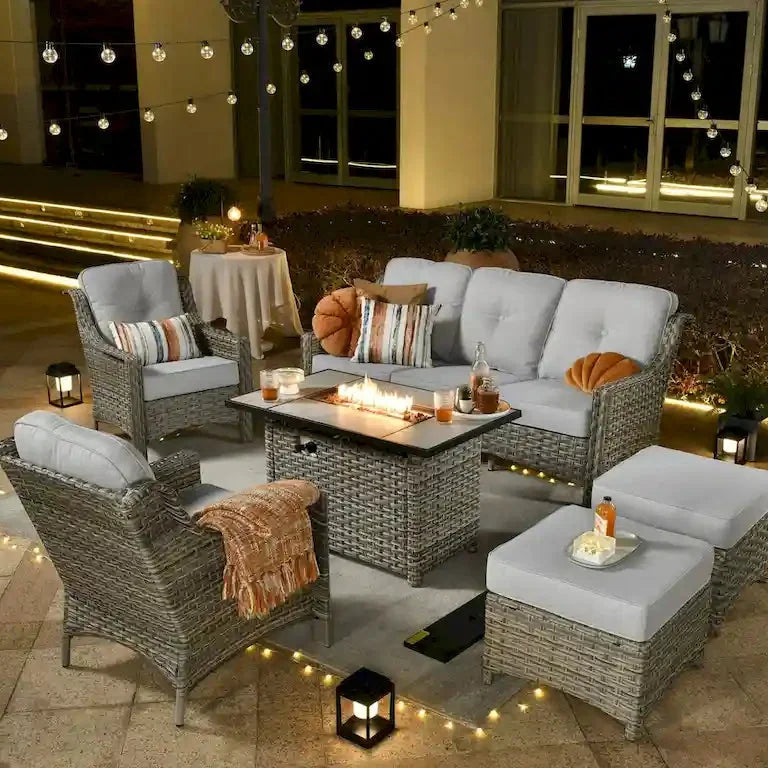 Salon de jardin 6 pièces en rotin, assise profonde, avec brasero Merrelo™