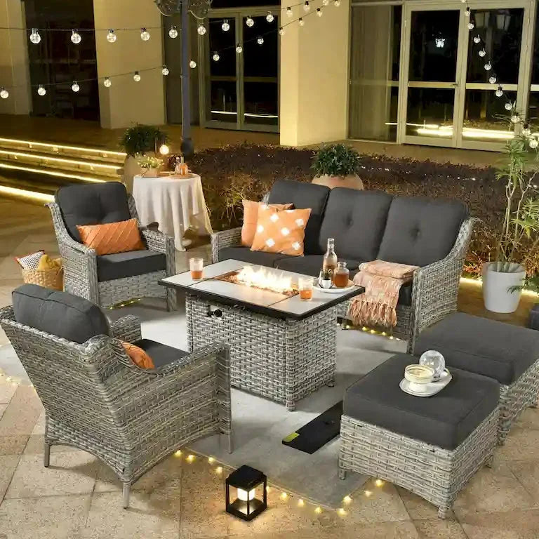 Salon de jardin 6 pièces en rotin, assise profonde, avec brasero Merrelo™