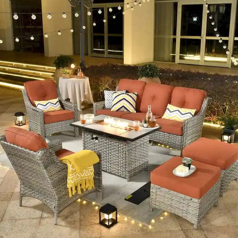 Salon de jardin 6 pièces en rotin, assise profonde, avec brasero Merrelo™