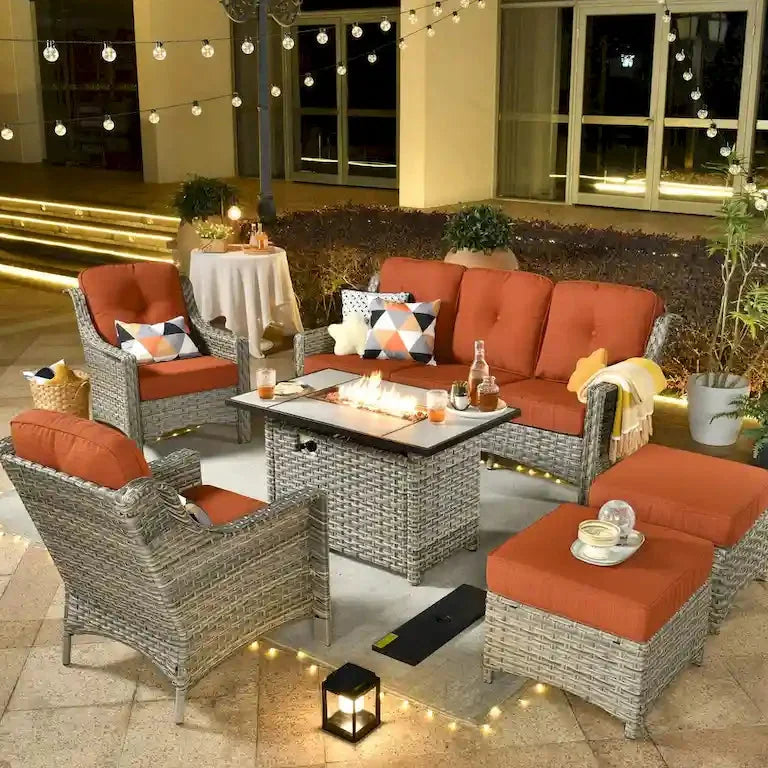Salon de jardin 6 pièces en rotin, assise profonde, avec brasero Merrelo™