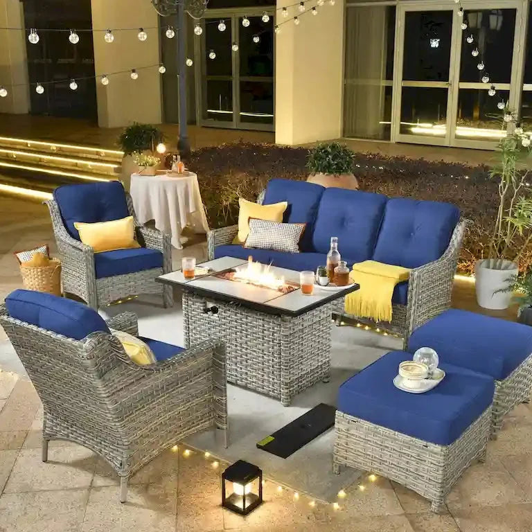 Salon de jardin 6 pièces en rotin, assise profonde, avec brasero Merrelo™