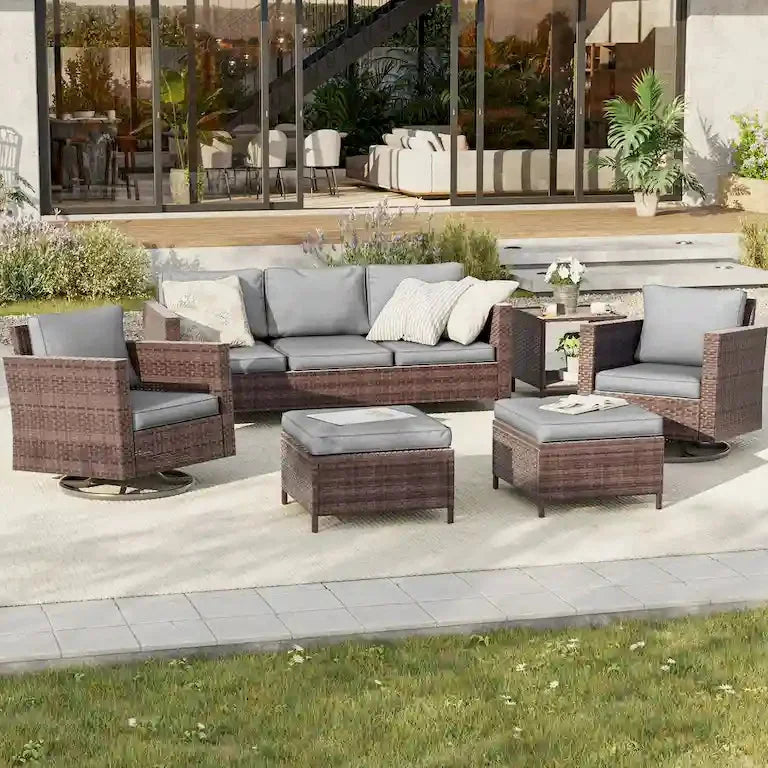 Salon de jardin 6 pièces en rotin brun — fauteuils pivotants à bascule et table d'appoint Merrelo™