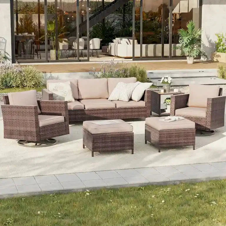 Salon de jardin 6 pièces en rotin brun — fauteuils pivotants à bascule et table d'appoint Merrelo™