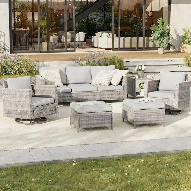 Salon de jardin 6 pièces en rotin brun — fauteuils pivotants à bascule et table d'appoint Merrelo™
