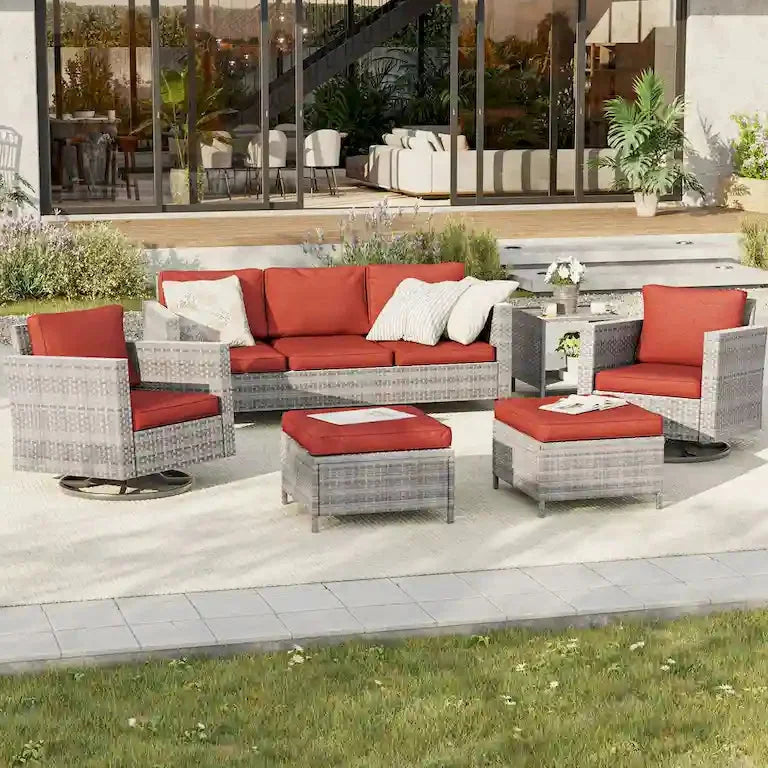 Salon de jardin 6 pièces en rotin brun — fauteuils pivotants à bascule et table d'appoint Merrelo™