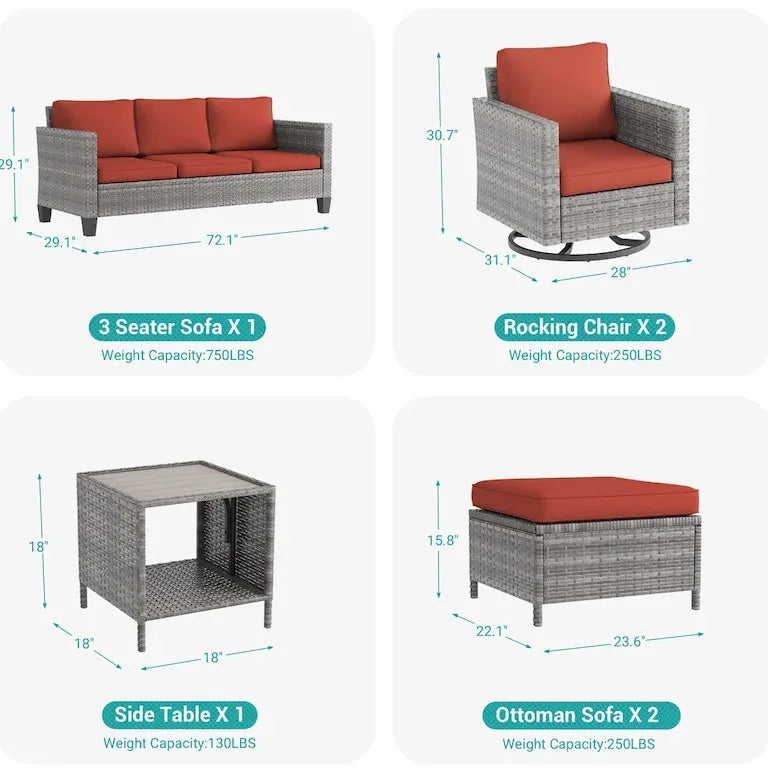 Salon de jardin 6 pièces en rotin brun — fauteuils pivotants à bascule et table d'appoint Merrelo™