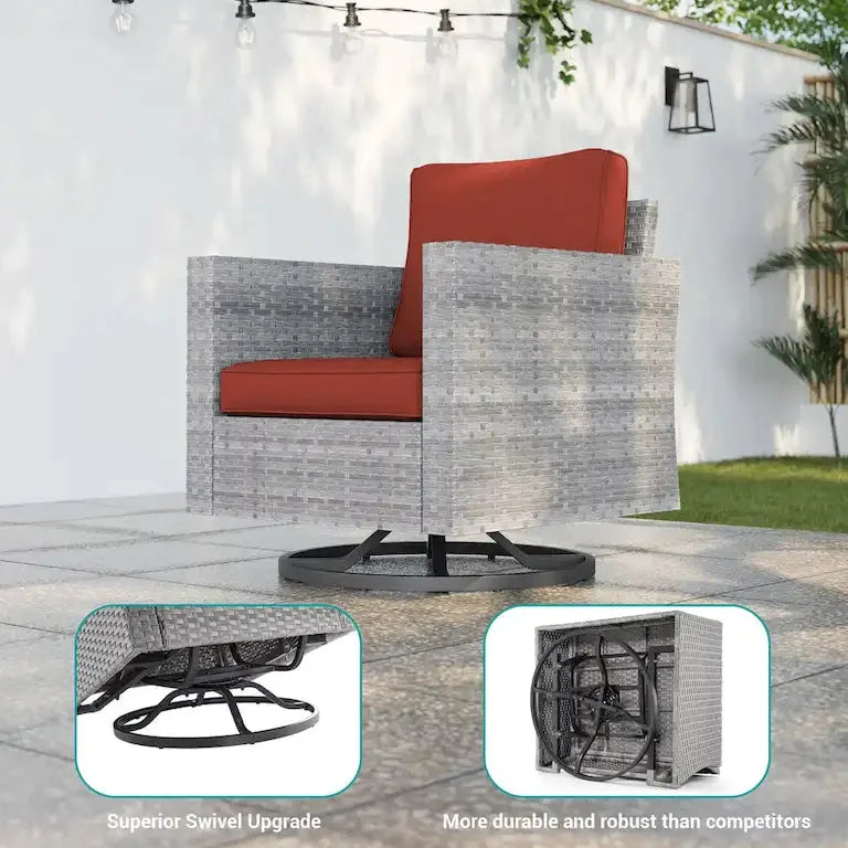 Salon de jardin 6 pièces en rotin brun — fauteuils pivotants à bascule et table d'appoint Merrelo™