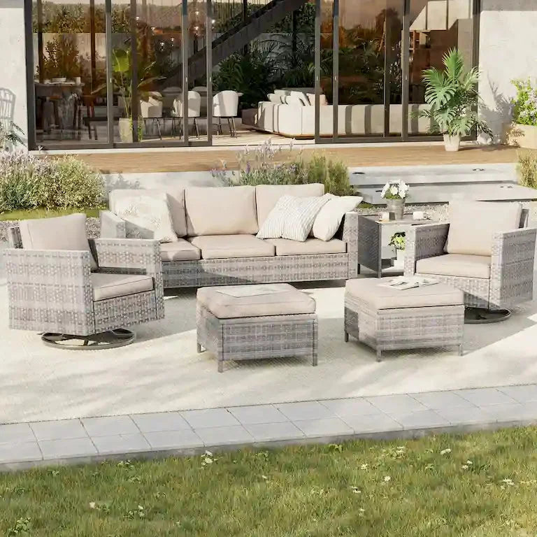Salon de jardin 6 pièces en rotin brun — fauteuils pivotants à bascule et table d'appoint Merrelo™
