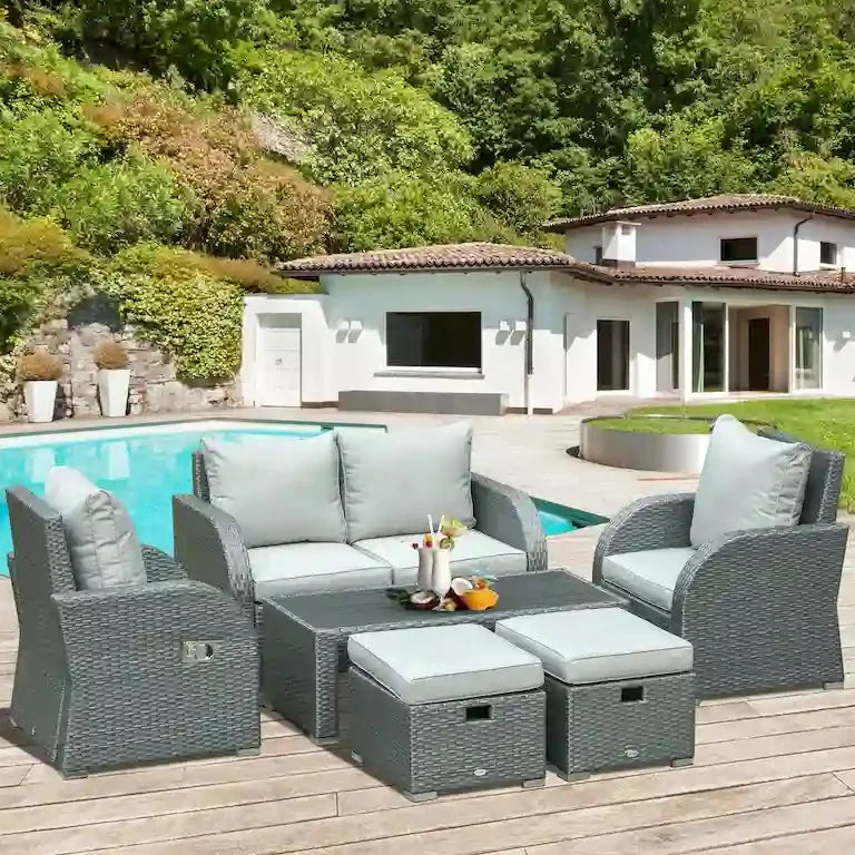 Salon de jardin 6 pièces en rotin toutes saisons avec table basse et coussins Merrelo™