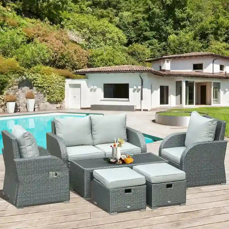 Salon de jardin 6 pièces en rotin toutes saisons avec table basse et coussins Merrelo™