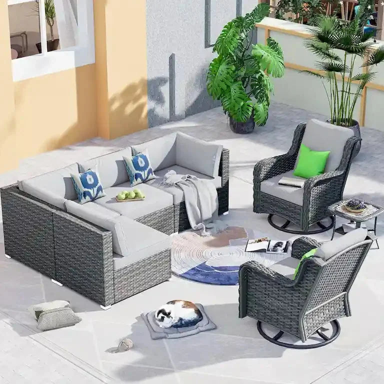 Salon de jardin 7 pièces en résine tressée avec fauteuils pivotants à bascule Merrelo™