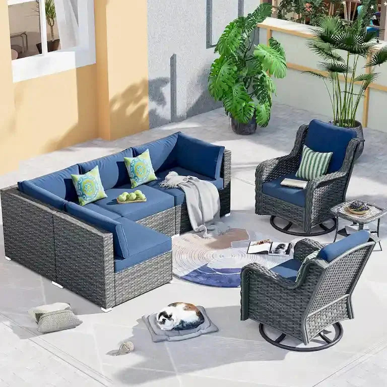 Salon de jardin 7 pièces en résine tressée avec fauteuils pivotants à bascule Merrelo™