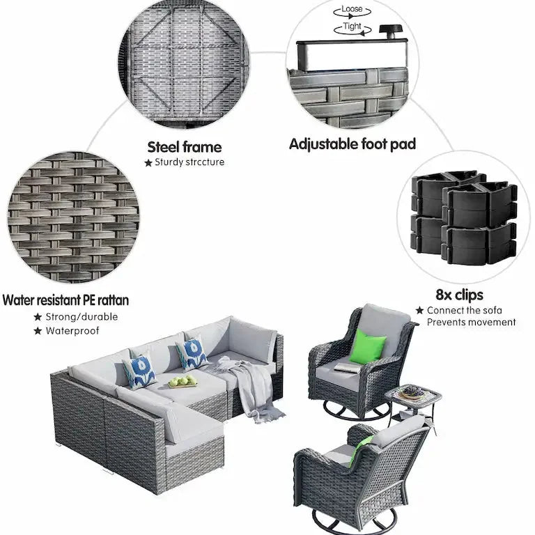 Salon de jardin 7 pièces en résine tressée avec fauteuils pivotants à bascule Merrelo™