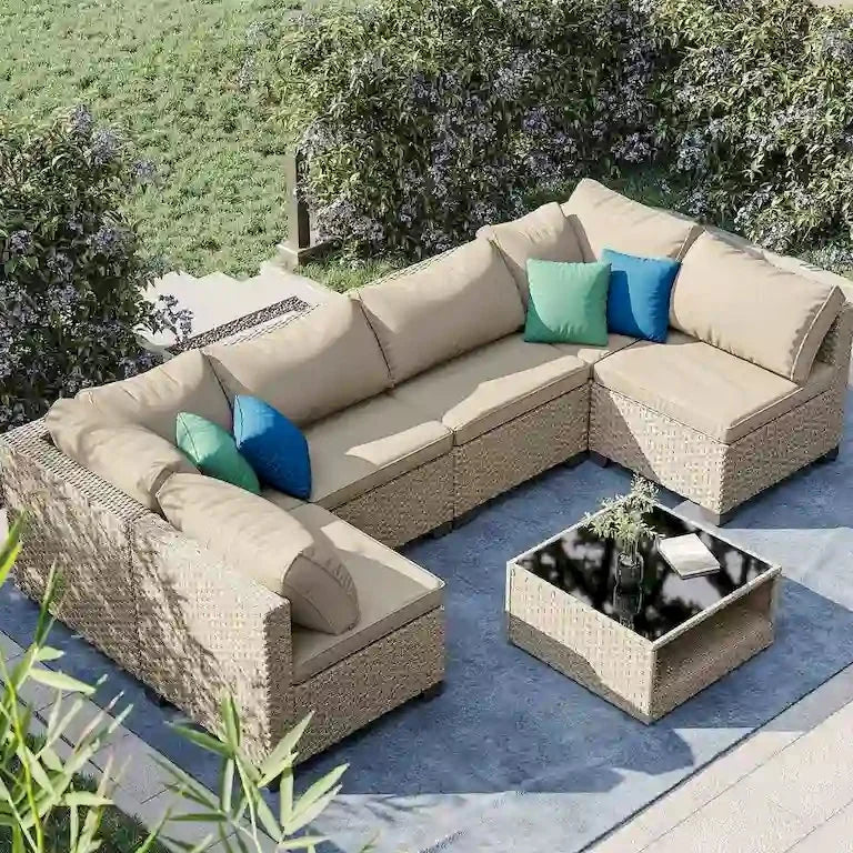 Salon de jardin 7 pièces en résine tressée avec table plateau verre Merrelo™
