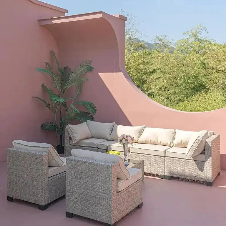 Salon de jardin 7 pièces en résine tressée avec table plateau verre Merrelo™