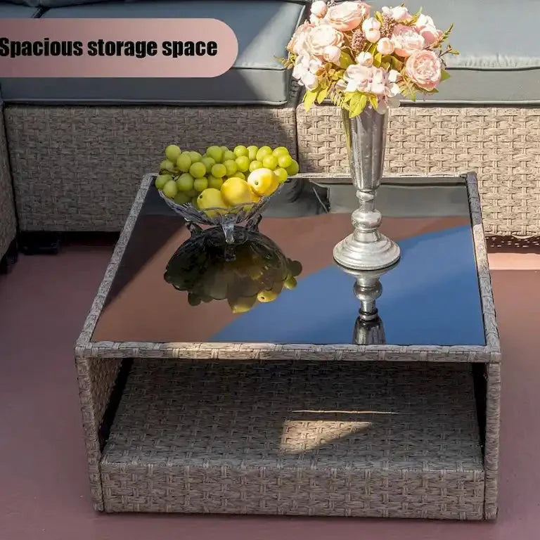 Salon de jardin 7 pièces en résine tressée avec table plateau verre Merrelo™