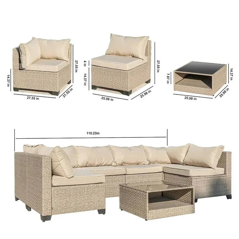 Salon de jardin 7 pièces en résine tressée avec table plateau verre Merrelo™