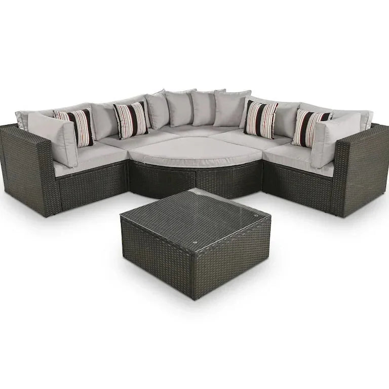 Salon de jardin 7 pièces en résine tressée, coussins gris et table en verre Merrelo™