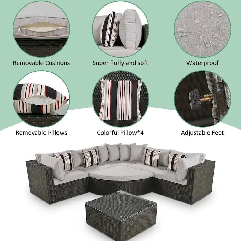 Salon de jardin 7 pièces en résine tressée, coussins gris et table en verre Merrelo™