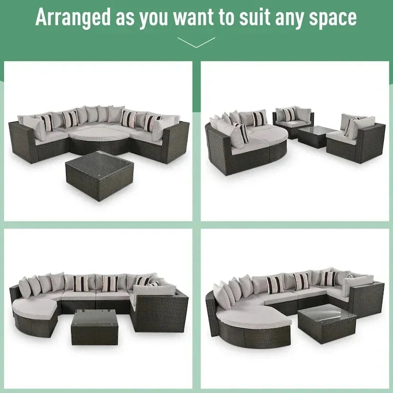 Salon de jardin 7 pièces en résine tressée, coussins gris et table en verre Merrelo™