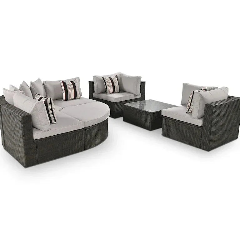 Salon de jardin 7 pièces en résine tressée, coussins gris et table en verre Merrelo™
