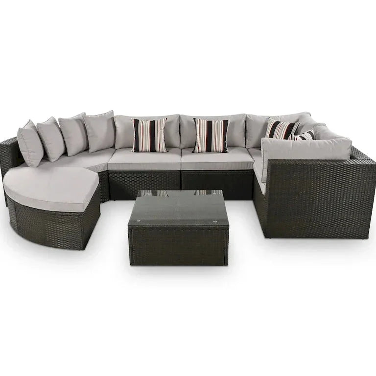 Salon de jardin 7 pièces en résine tressée, coussins gris et table en verre Merrelo™