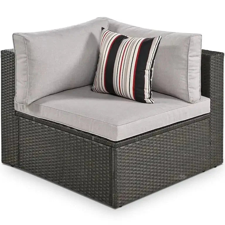 Salon de jardin 7 pièces en résine tressée, coussins gris et table en verre Merrelo™