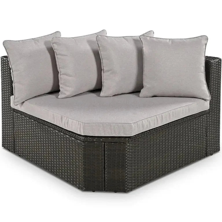 Salon de jardin 7 pièces en résine tressée, coussins gris et table en verre Merrelo™