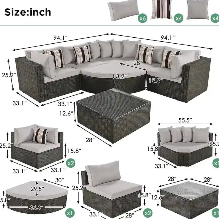 Salon de jardin 7 pièces en résine tressée, coussins gris et table en verre Merrelo™