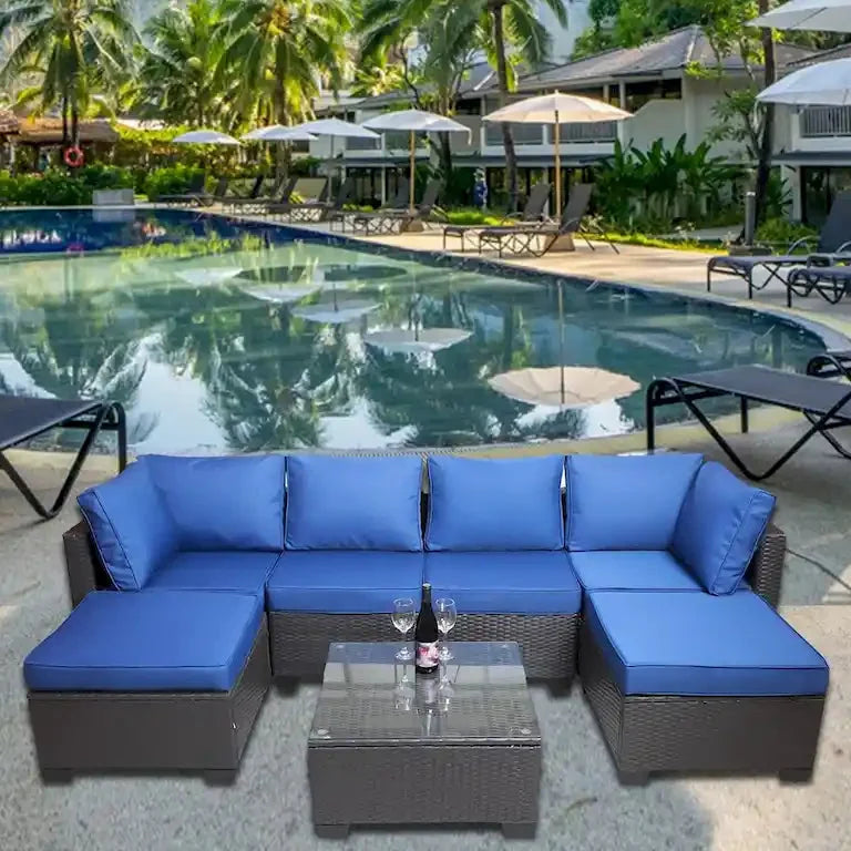 Salon de jardin 7 pièces en résine tressée PE avec coussins et table basse Merrelo™