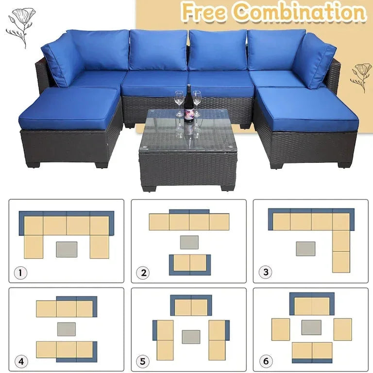 Salon de jardin 7 pièces en résine tressée PE avec coussins et table basse Merrelo™