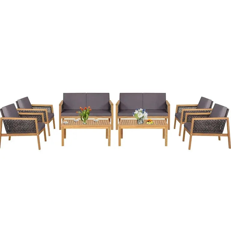 Salon de jardin 8 pièces en rotin et bois d'acacia avec coussins Merrelo™