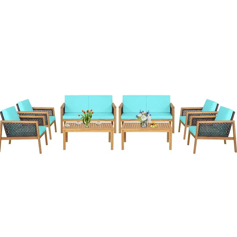 Salon de jardin 8 pièces en rotin et bois d'acacia avec coussins Merrelo™