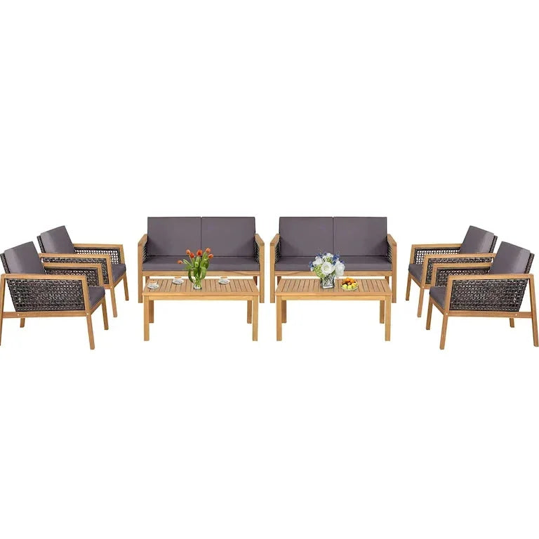 Salon de jardin 8 pièces en rotin et bois d'acacia avec coussins Merrelo™
