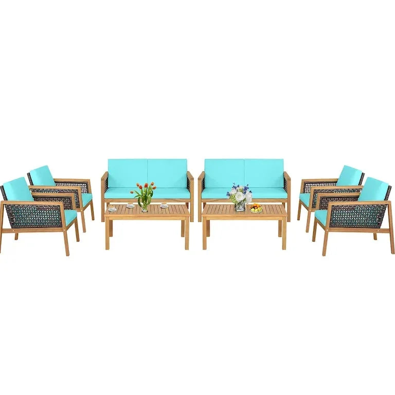 Salon de jardin 8 pièces en rotin et bois d'acacia avec coussins Merrelo™