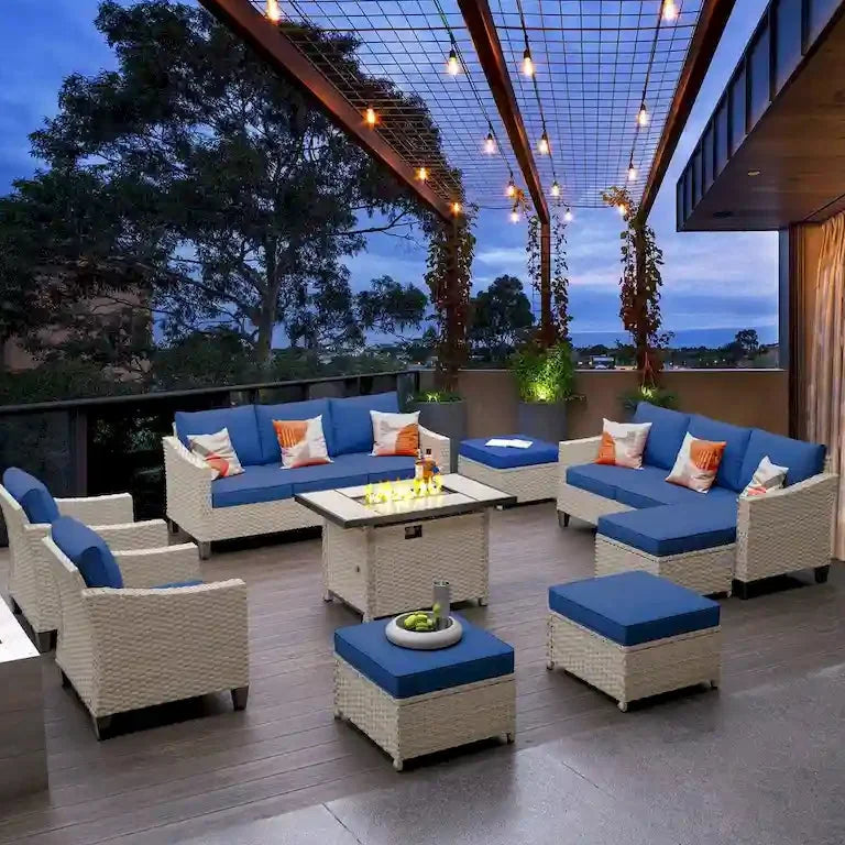 Salon de jardin 9 pièces en résine tressée avec table brasero Merrelo™