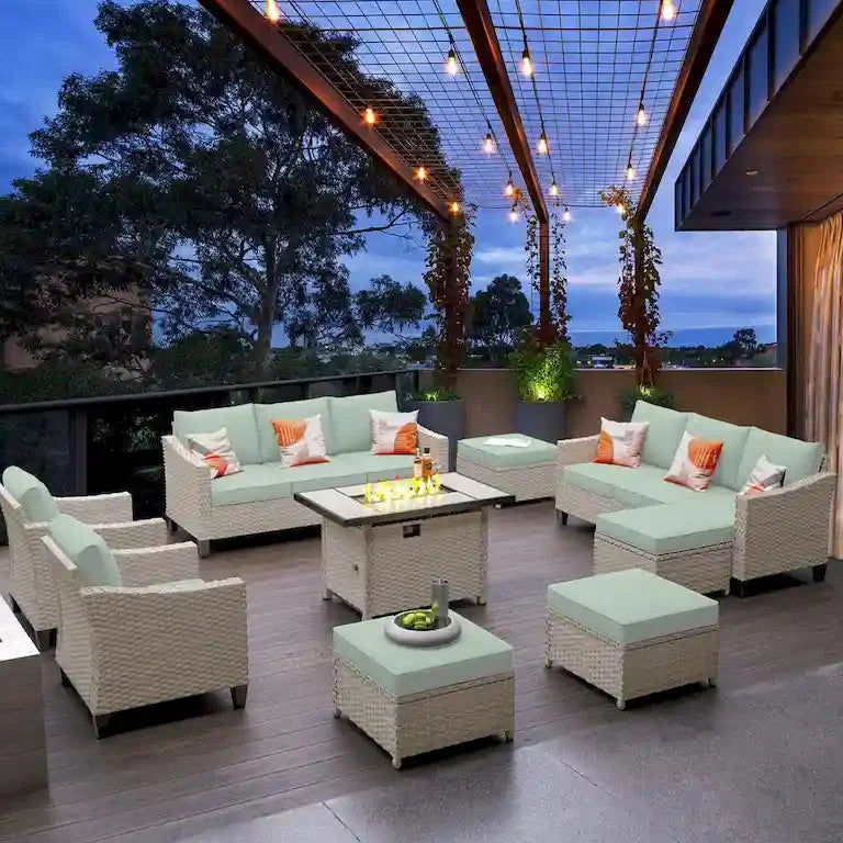 Salon de jardin 9 pièces en résine tressée avec table brasero Merrelo™