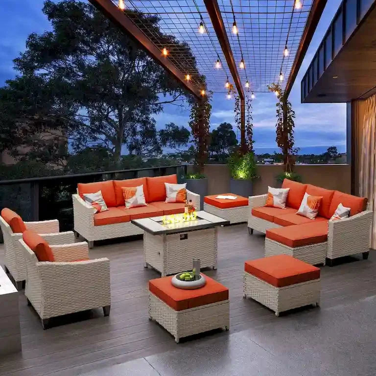 Salon de jardin 9 pièces en résine tressée avec table brasero Merrelo™